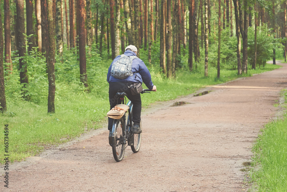 Naklejka premium Man riding a bike in a park. He is moving away from camera.