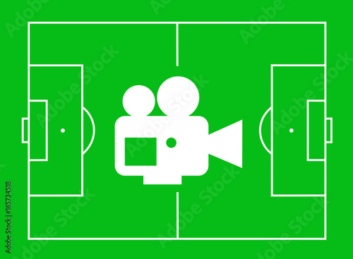 Football pitch and camera for recording as metaphor meaning: Usage of video assistant referee in soccer game / television broadcast of sport match