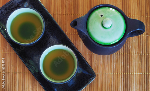 Brewed and healthy Japanese green tea served in traditional hohin and shiboridashi dishes photo