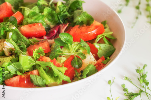 Vegetable salat with toppings such as mozzarella cheese, tomato, olive oil and spices