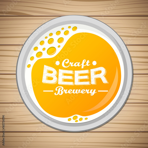 Glass of beer on wooden table - top view. Vector.