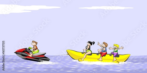 Banana boat group of friends having fun on summer vacation