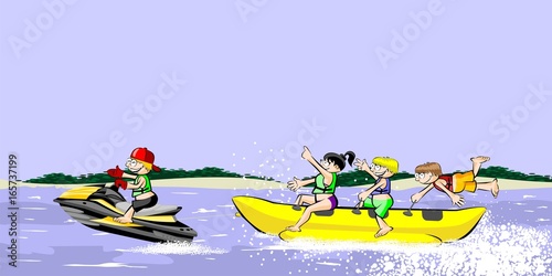 Banana boat group of friends having fun on summer vacation