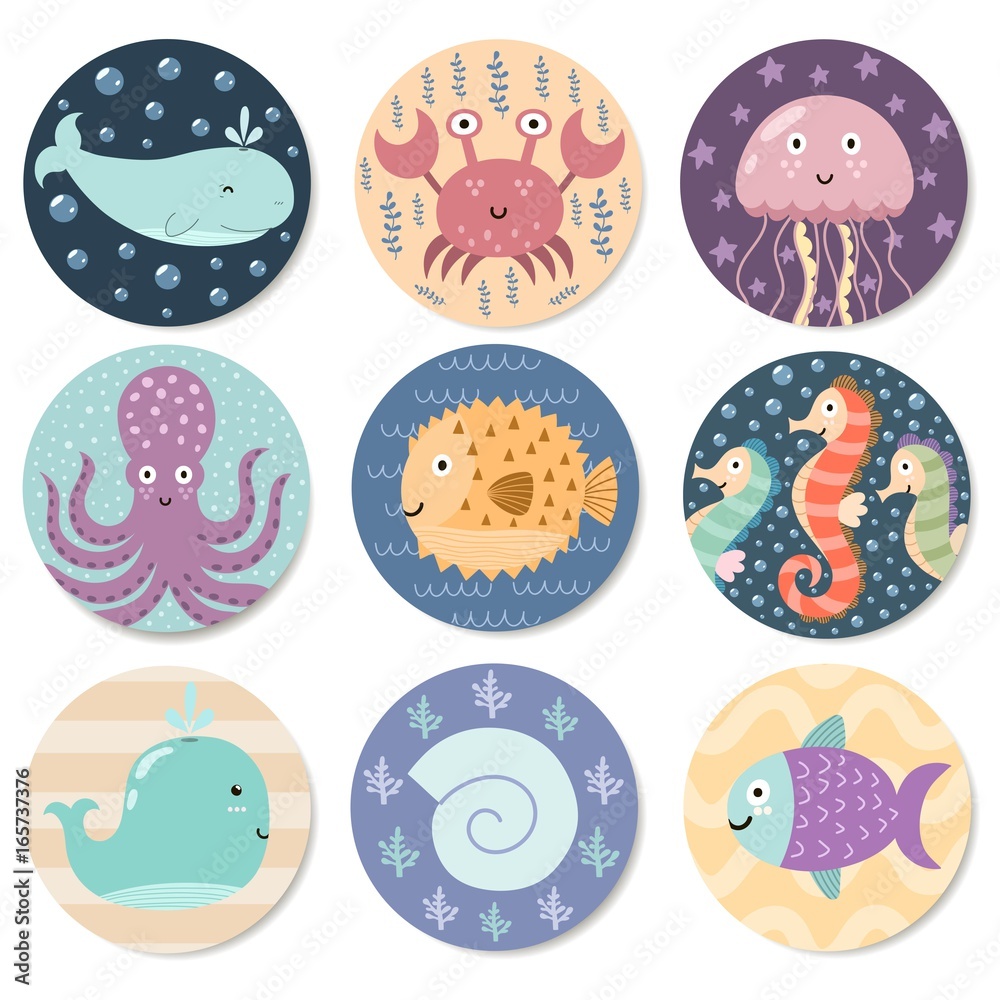 Stickers collection with cute sea animals. Great for baby shower and kids design. Whale, octopus, crab, jellyfish, seahorse, fish and shell. Vector illustration