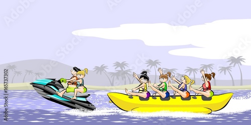 Banana boat group of friends having fun on summer vacation