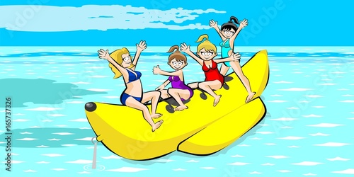 Banana boat group of friends having fun on summer vacation