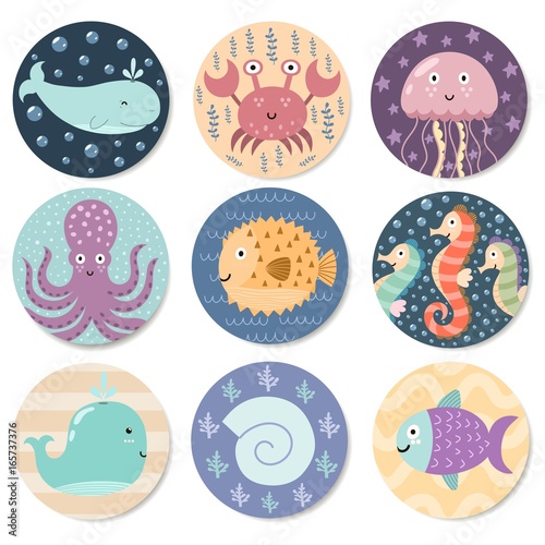 Stickers collection with cute sea animals. Great for baby shower and kids design. Whale, octopus, crab, jellyfish, seahorse, fish and shell. Vector illustration