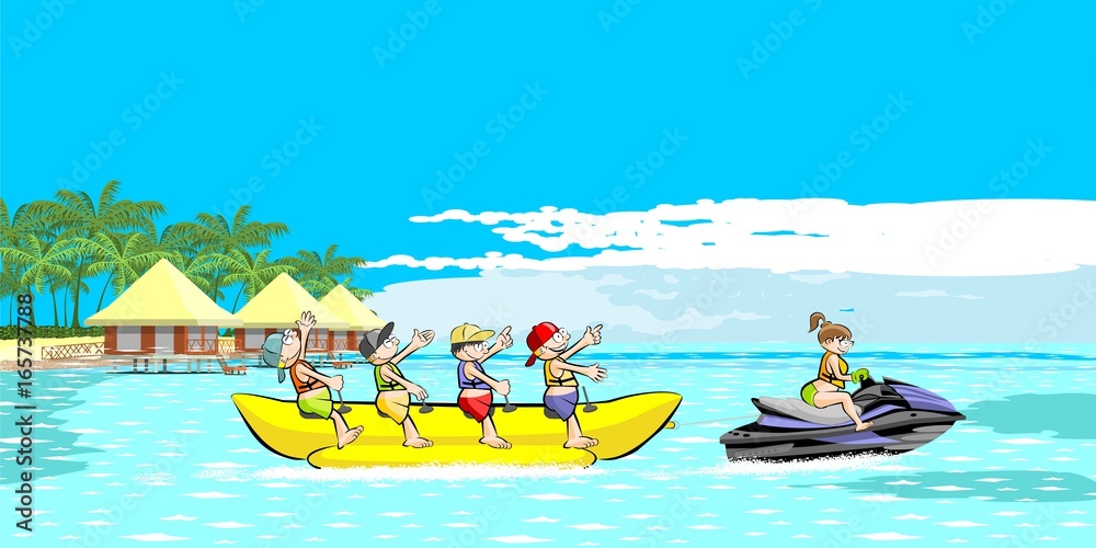 Banana boat group of friends having fun on summer vacation
