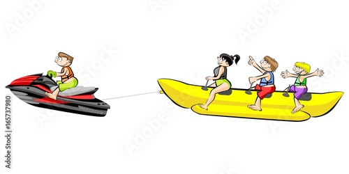 Banana boat group of friends having fun on summer vacation - isolated on white