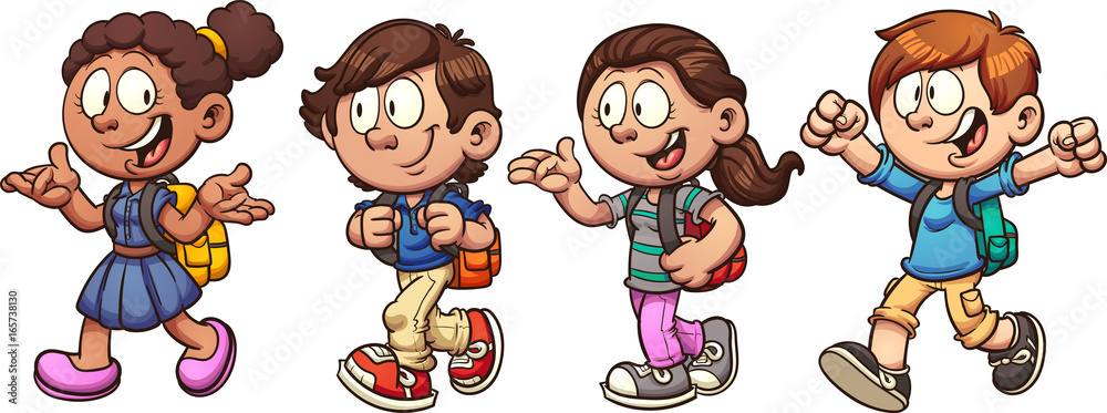 Kids walking and talking back to school. Vector clip art illustration with  simple gradients. Stock Vector
