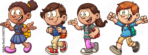 Kids walking and talking back to school. Vector clip art illustration with simple gradients. 