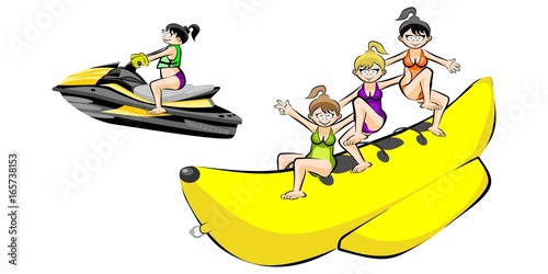 Banana boat group of friends having fun on summer vacation - isolated on white