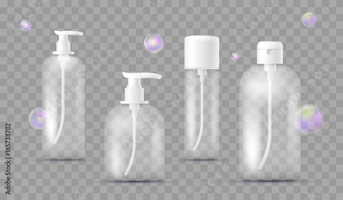 Realistic set of different bottles for pharmaceutical, makeup isolated on transparent checkered. With dispenser for soap, shampoo, shower gel, lotion, body milk with soap bubbles. Packaging.