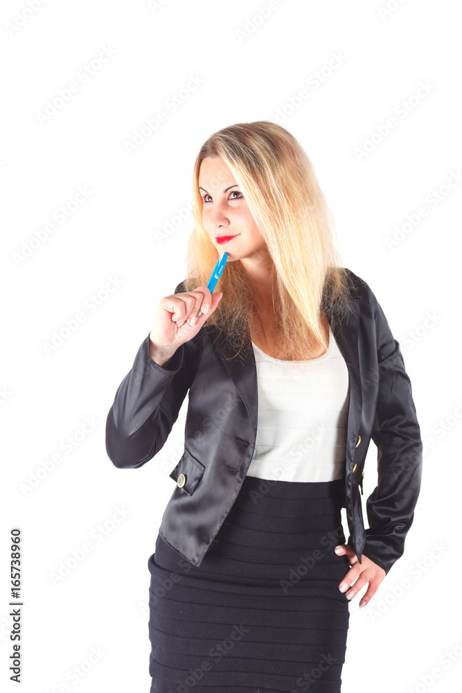 Pensive business woman thinks holding the blue pen isolated on white background Pensive business woman thinks holding the blue pen isolated on white background