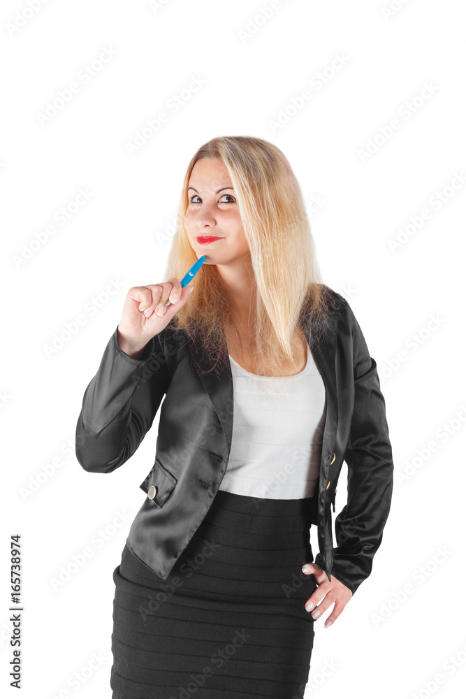 Pensive business woman thinks holding the blue pen isolated on white background Pensive business woman thinks holding the blue pen isolated on white background