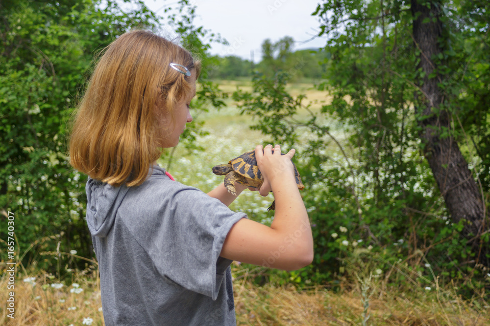 Girl hold the turtle on pakm. girl explores the turtle. friendship with animals. saving turtles Girl hold the turtle on pakm. girl explores the turtle. friendship with animals. saving turtles