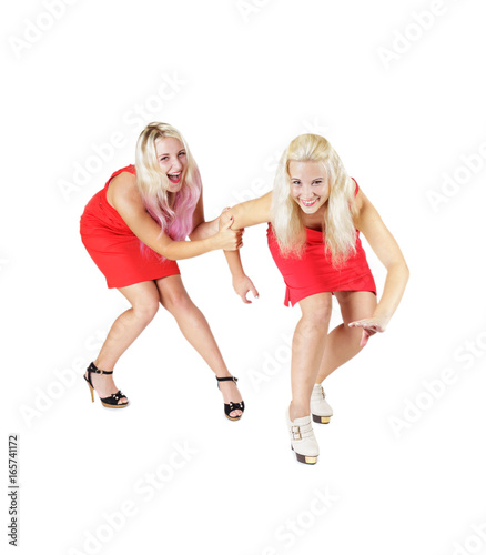 two crazy blonde girls in red isolated on white background