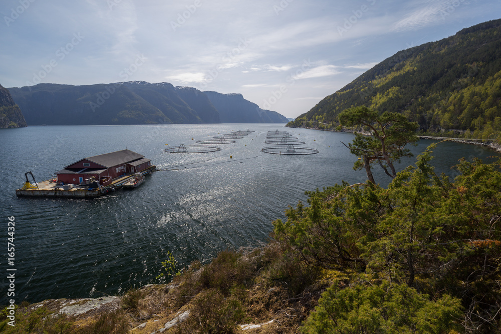 Fish farm on a fjord in Norway