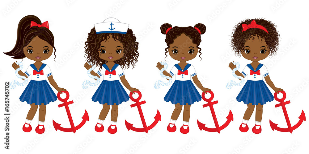 Fototapeta Vector Nautical Little African American Girls with Various Hair Colors