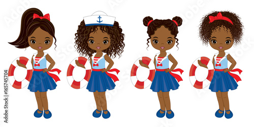 Vector Nautical Little African American Girls with Various Hair Colors