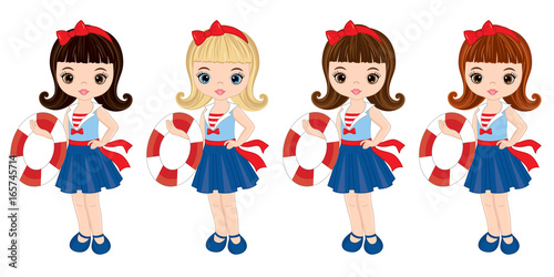 Vector Nautical Little Girls with Various Hair Colors