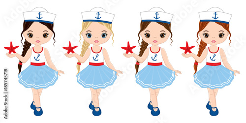 Vector Nautical Little Girls with Various Hair Colors