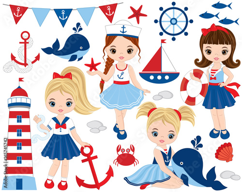 Vector Nautical Set with Cute Little Girls,  Whales, Lighthouse, Anchors and Crabs