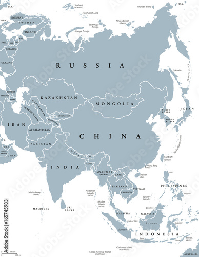 Asia political map with borders and countries. Largest and most populous continent. Gray illustration on white background. English labeling. Vector.