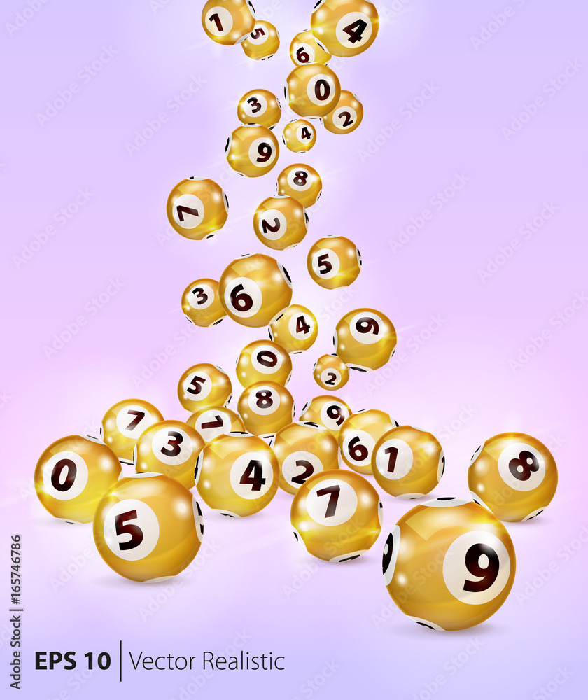 Vector Gold Bingo balls fall randomly on pink background. Lottery