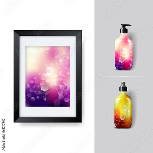 Mockup template for branding and product designs. Isolated realistic plastic bottles with dispenser spray and unique geometric design. Easy to use for advertising branding and marketing.