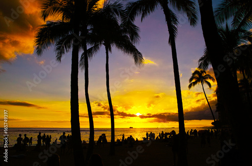 ハワイ　ワイキキビーチからの夕日