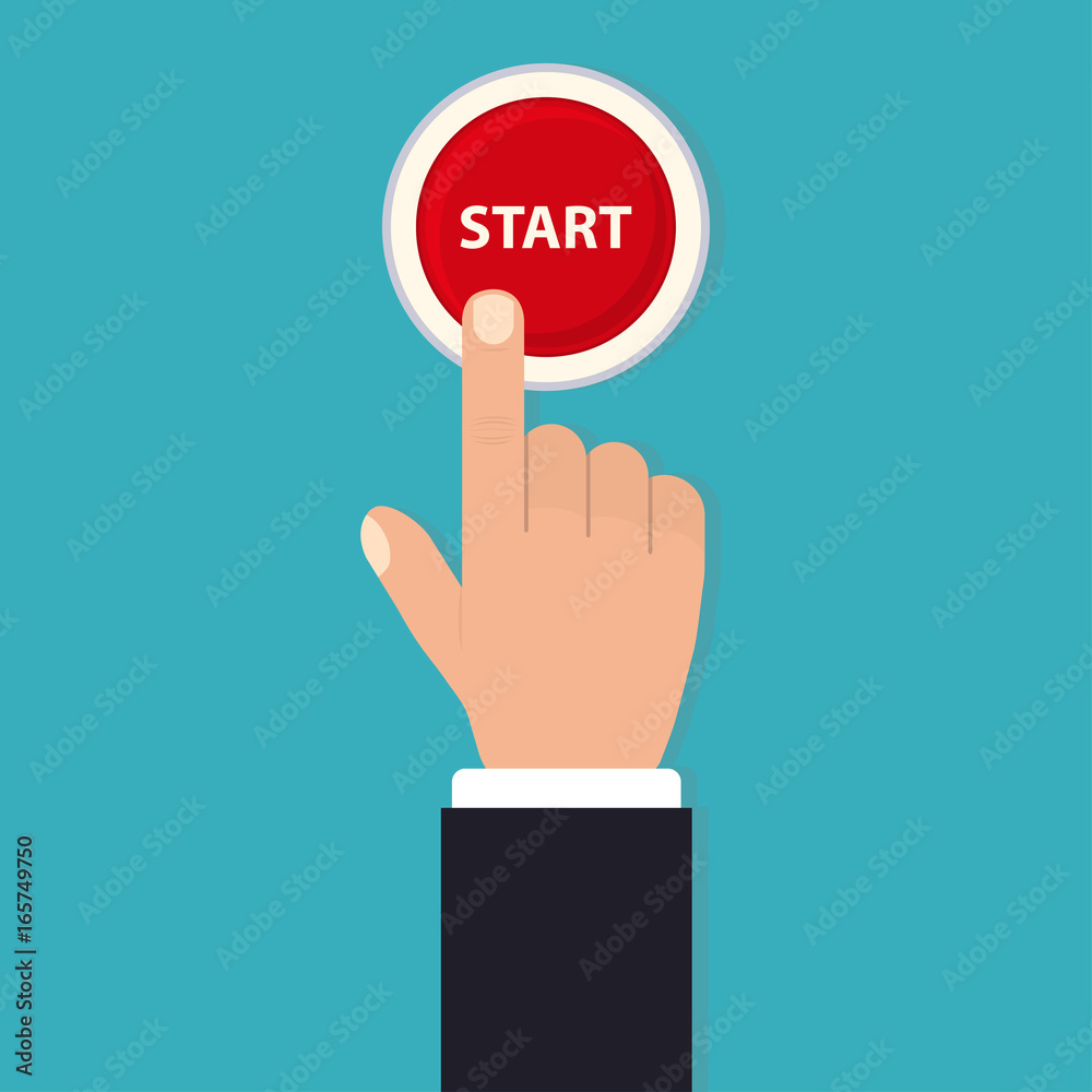 Hand push start, Press the button, Flat style. vector Hand push start, Press the button, Flat style. vector