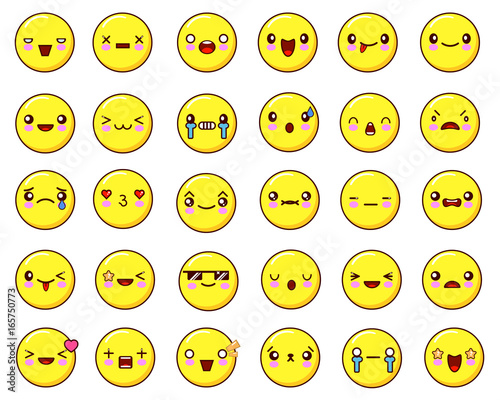 Big emotional face icons set kawaii.Flat design Vector Illustration