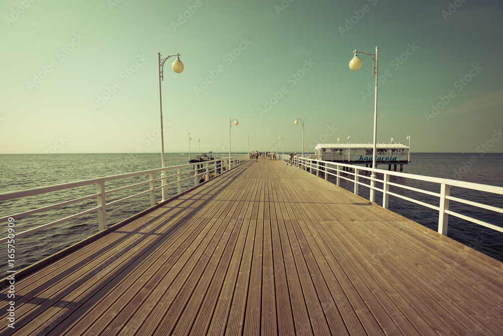 Jurata,Poland-September 9,2016:Wooden pier in Jurata town on coast of Baltic Sea, Hel peninsula, Poland