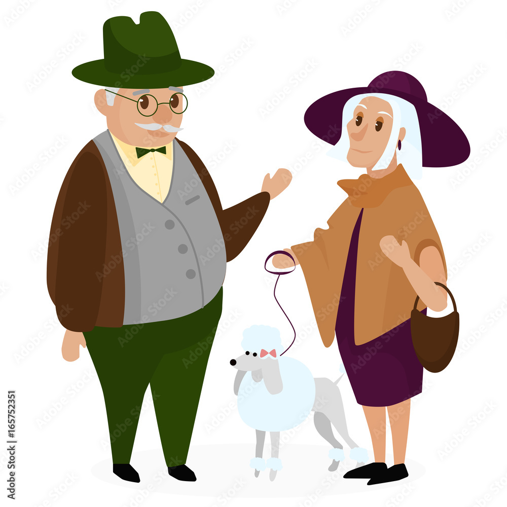 Old peple couple with a dog poodle. Happy grandparents together isolated.  Grandpa and grandma. Senior Elderly couple. Cartoon vector illustration.  Stock Vector | Adobe Stock