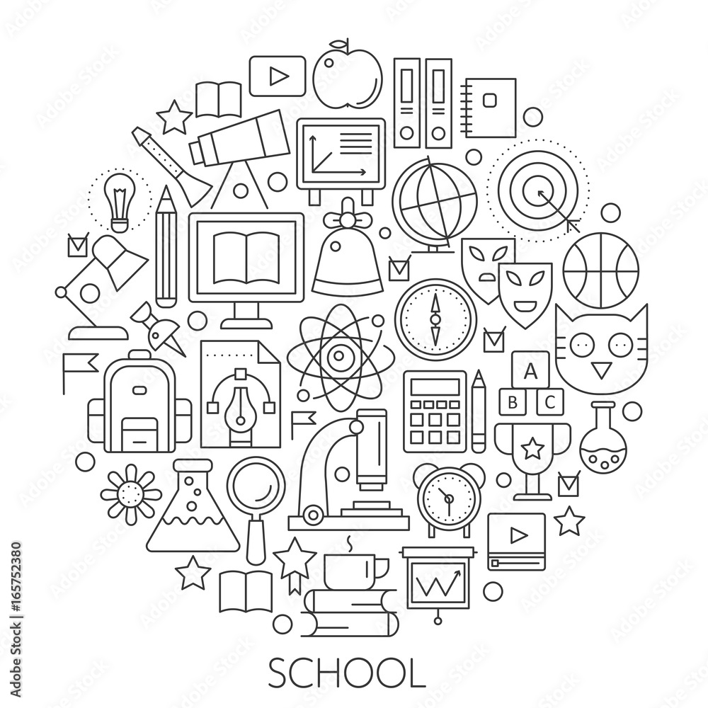 Round line concept for back to school. Vector linear School thin stroke outline poster, template for web. Round line concept for back to school. Vector linear School thin stroke outline poster, template for web.