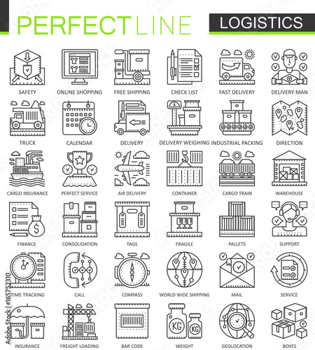 Logistics outline mini concept symbols. Modern stroke linear style illustrations set. Logistic transportation perfect thin line icons