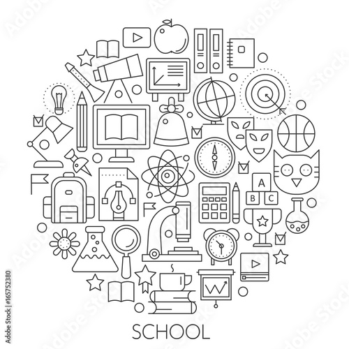 Round line concept for back to school. Vector linear School thin stroke outline poster, template for web.