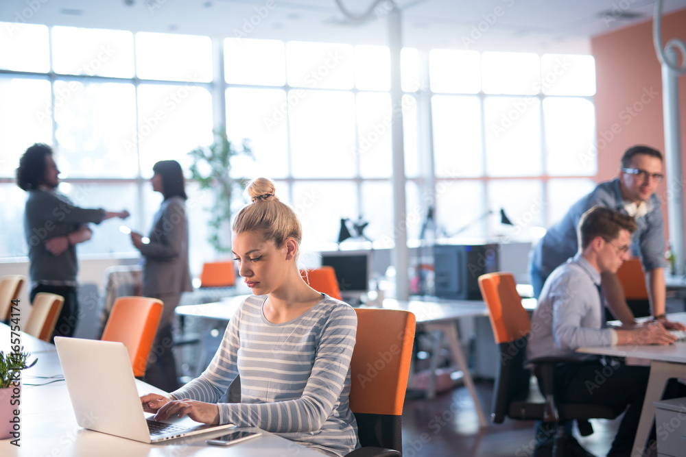 businesswoman using a laptop in startup office