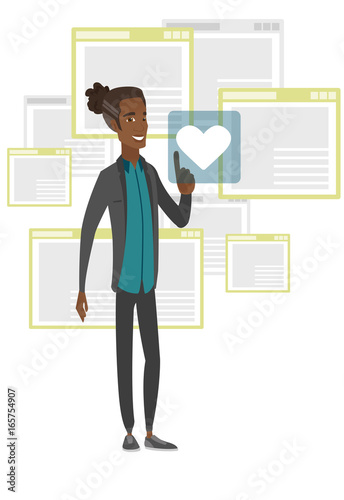Young african man pressing web button with heart