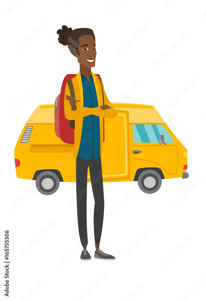 Traveler standing on the background of minibus. Traveler standing on the background of minibus.