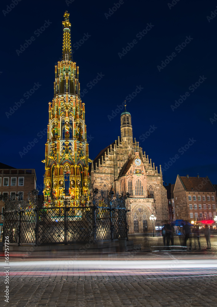 Neuremberg Church at night with traffic light , long shutter speed