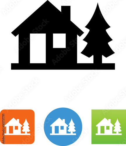 Home And Pine Tree Icon - Illustration