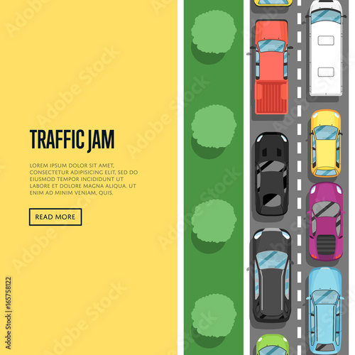 Traffic jam in rush hour poster in flat style. Urban heavy traffic concept, top view cars on road, automobile congestion, city transport services. Highway transportation banner vector illustration.