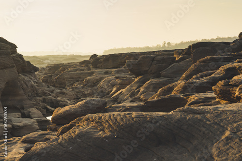 Landscape view of Sam Pan Bok or Thai grand canyon with sunrise in Ubon Ratchathani, Thailand.