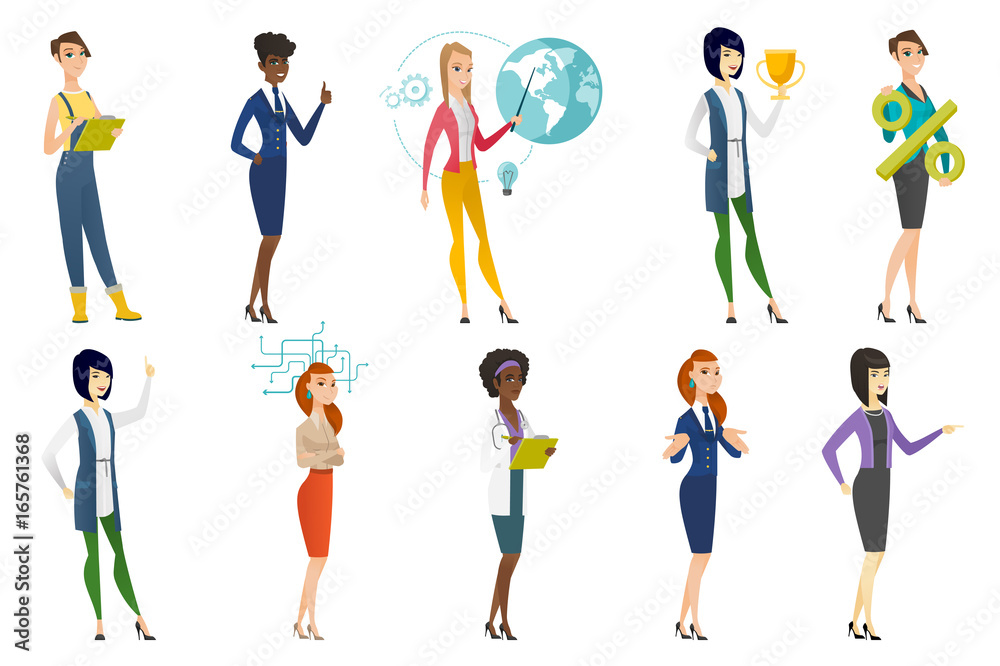 Business woman, stewardess, doctor profession set. Business woman, stewardess, doctor profession set.