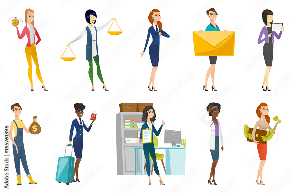 Business woman, stewardess, doctor profession set. Business woman, stewardess, doctor profession set.