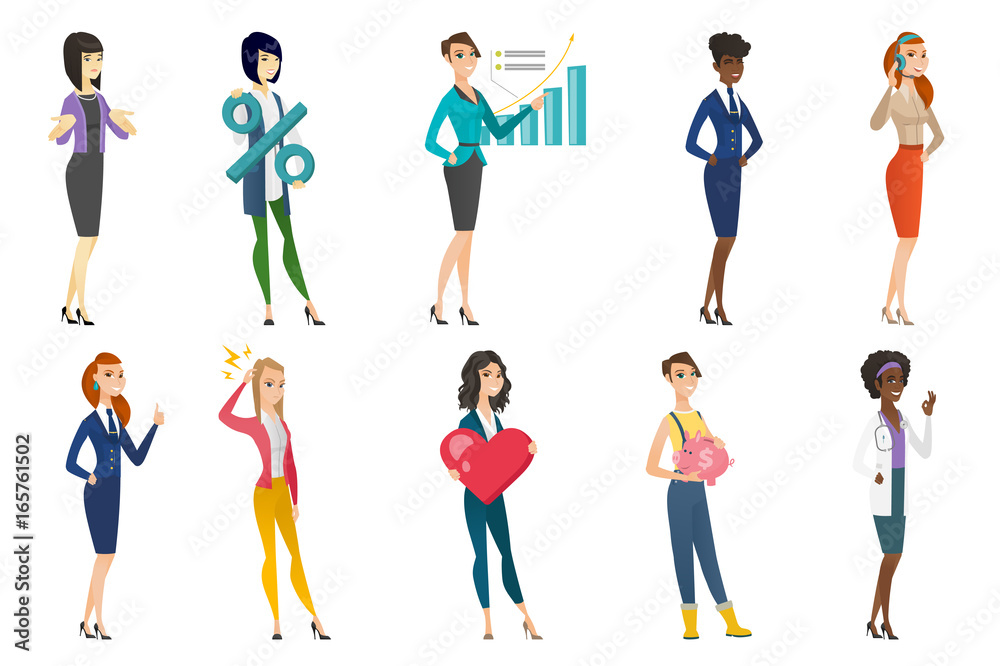 Business woman, stewardess, doctor profession set. Business woman, stewardess, doctor profession set.