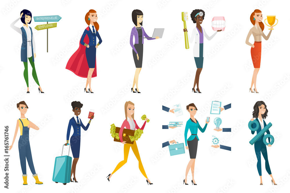 Business woman, stewardess, doctor profession set.