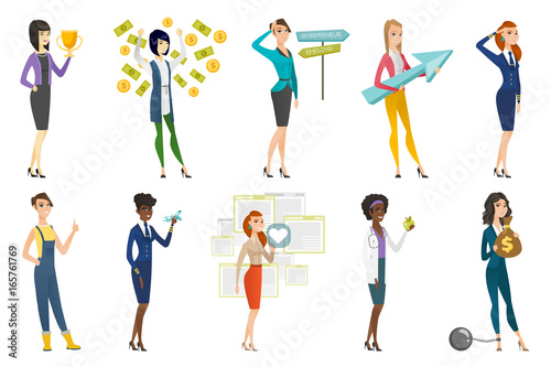 Business woman, stewardess, doctor profession set.